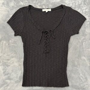 Gilded Intent Black Lace-Up Ribbed Tee